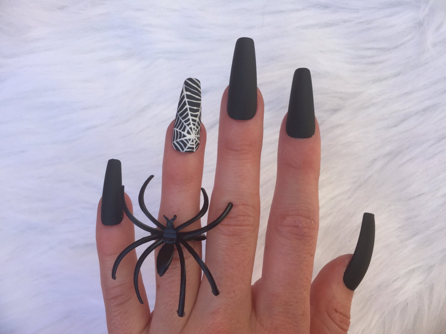 Matte Black Spiderweb nails set of 10 long coffin nails for