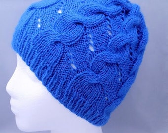 Knitted hat for women, Knit blue hat, knit beanie, knit cable hat