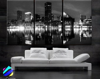 LARGE 30"x 60" 3 Panels Art Canvas Print Beautiful Baltimore skyline at night light buildings Wall Home (Included framed 1.5" depth)