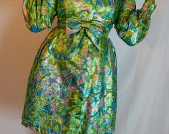 ON SALE!!! 1960s Metallic Brocade Swirl Dress with Cute Bow Belt!