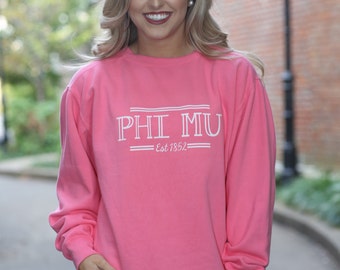 Phi Mu Comfort Color Crewneck Sweatshirt - Phi Mu Letter Shirt - Comfort Color Oversized Shirt