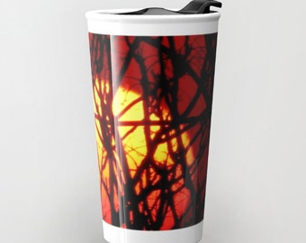 Red Ceramic Travel Mug, Burning Sunset Mug, Travel Coffee Mug, Coffee Cup, Orange Ceramic Mug, To Go Mugs, To Go Coffee Cup with Lid Car Mug