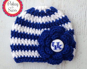 University of Kentucky Striped Flower Crochet Baby Toddler Hat Beanie, Blue and White