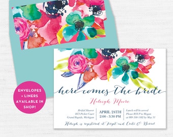 Flower Wedding Shower Invitation, Bright Watercolor Bridal Shower Invitation, Here Comes the Bride to be, Modern Bridal Invite, ALICE