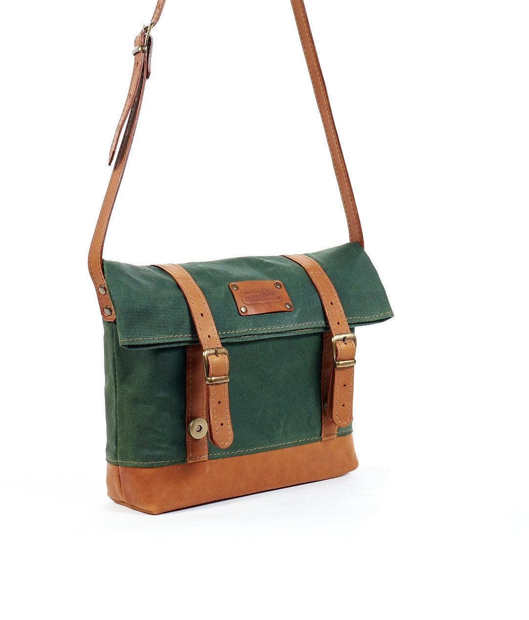 Waxed canvas and leather crossbody bag. Foldover bag. Green