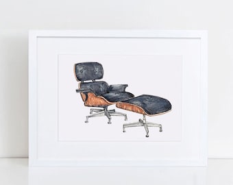 Iconic Furniture Wall Decor - Black Eames Lounge Chair Watercolor - Original Art Print