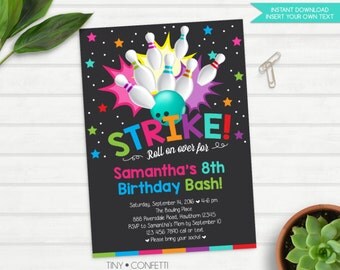 bowling invitation, bowling birthday invitation, bowling party invitation, bowling birthday party, bowling party decor, girl birthday