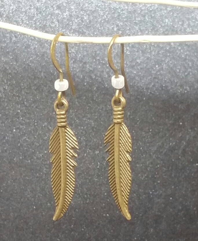 Vintage Bronze tone Bohemian Feather Earrings with Pearlized