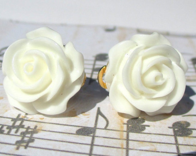 White rose clip on earrings-Flower girl gifts-white rose wedding accessories-rosette jewelry-Cream rose clip ons-nickel free-rose bud studs