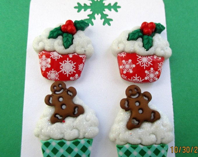 Christmas cupcake earrings-Holly studs-kids clip on earrings-cup cake jewelry-stocking stuffer-gingerbread man earrings-sterling silver post