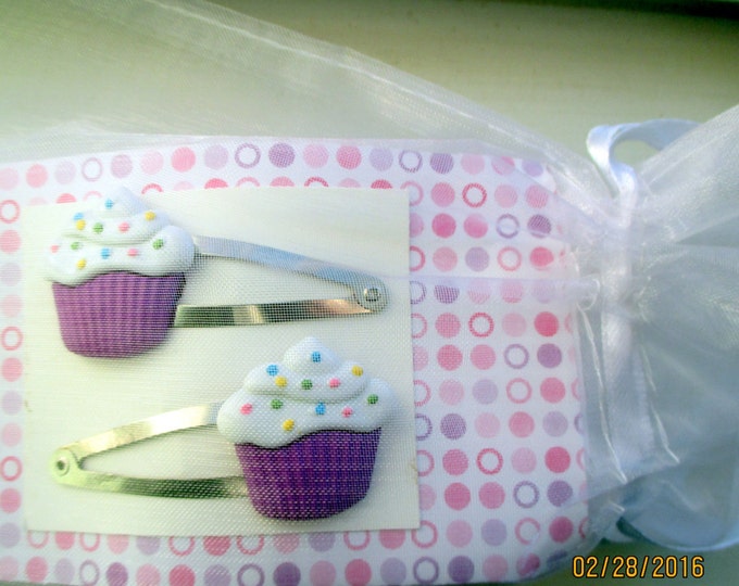 Purple Cupcake barrettes-cup cake hair clip-Little girls gifts-Food accessory-large purple button-Sweet Lolita-girls party favors-childrens