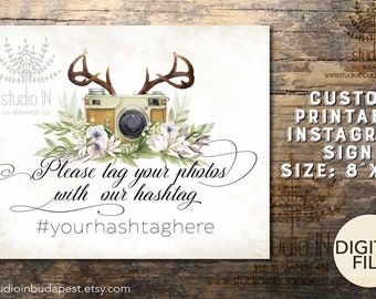 Rustic printable wedding instagram sign, rustic custom sign, rustic instagram sign, antler wedding PRINTABLE,