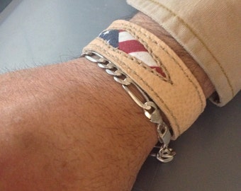 Americana Leather Wristband Hand Stitched USA flag