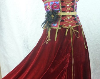 Princess Steampunk, Victorian dress, Gothic, red velvet silk deep, lace and feminine, Red, wearable art
