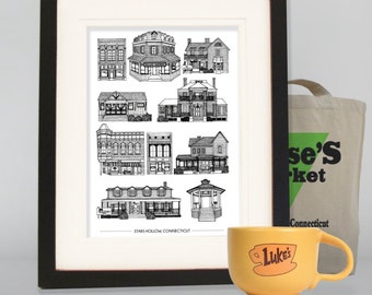 Houses of Stars Hollow, Gilmore Girls, A4 cityscape print, Luke's Diner, Gilmore girls poster, architectural print