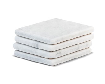 Marble Coasters – White Carrara Marble Stone Coasters with Cork Backing Set of 4