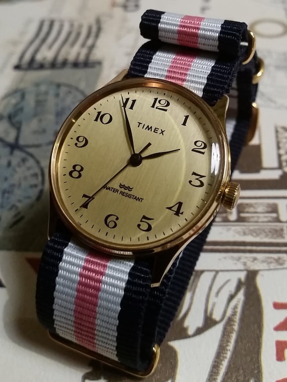 Vintage Timex Womens Mechanical Watch - Pink, White & Blue Nato Gold Strap. Ladies Vintage Watch. Womens Vintage Gold Nato Strap Watch.