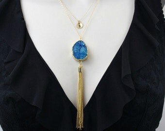 Druzy Necklace, Layered Necklace, Pendant Necklace, Monogram Necklace, Crystal Necklace,Multi strand Necklace, Personalized Jewelry,Initial,