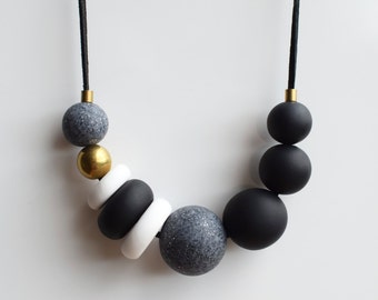 Modern bead necklace, Black Chunky necklace, Polymer clay necklace, Beaded necklace, Statement Black and white necklace, Minimal jewelry