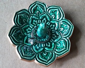 Ceramic Lotus Ring Holder Bowl gold edged Full Malachite Green 3 1/4 inches round