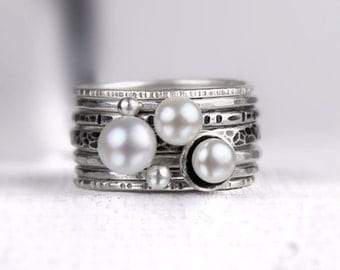 Freshwater Pearl and Silver Stacking Rings, Mixed Textures, Oxidized Finish, Seven Ring Set
