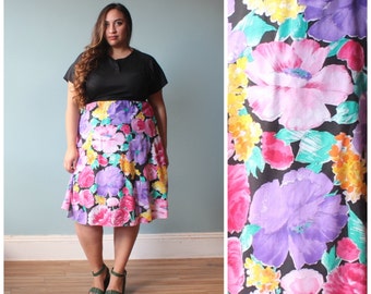 plus size dress / black floral color block dress / 1980s / XXL