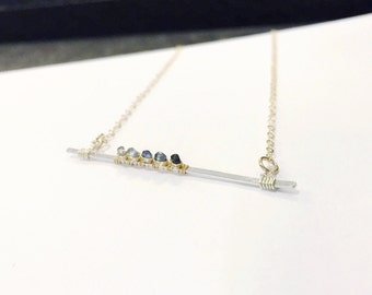 14 Karat Gold Blue Ombre Sapphire Necklace Sterling Silver Gold Filled Bar Hammered Dainty Layering Necklace 18"