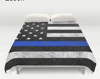 Thin Blue Line Comforter or Duvet Cover - American Flag - Matching Pillows - Twin, Twin XL, Full, Queen, King
