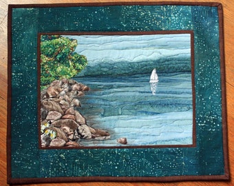 Quilted Wall Art, Original Landscape Quilt, Lake Superior Wallhanging, Blue Water, Sailboat, Rocks, Shore, Handmade Fiber Art, Wall Hanging