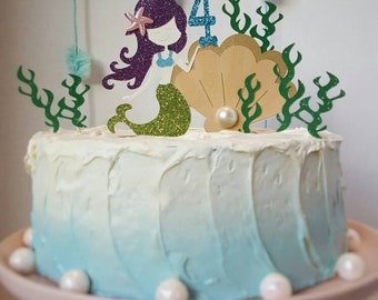 Mermaid Cake Topper w/ age 3 piece one sided glittered, Little Mermaid! Under the sea! Girls Party! Mermaid Theme Party! Birthay cake!