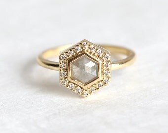 Hexagon Diamond Ring, Rose Cut Diamond ring, Grey Rose Cut Diamond Engagement Ring, Halo Diamond Ring, Fancy Diamond Ring, Capucinne