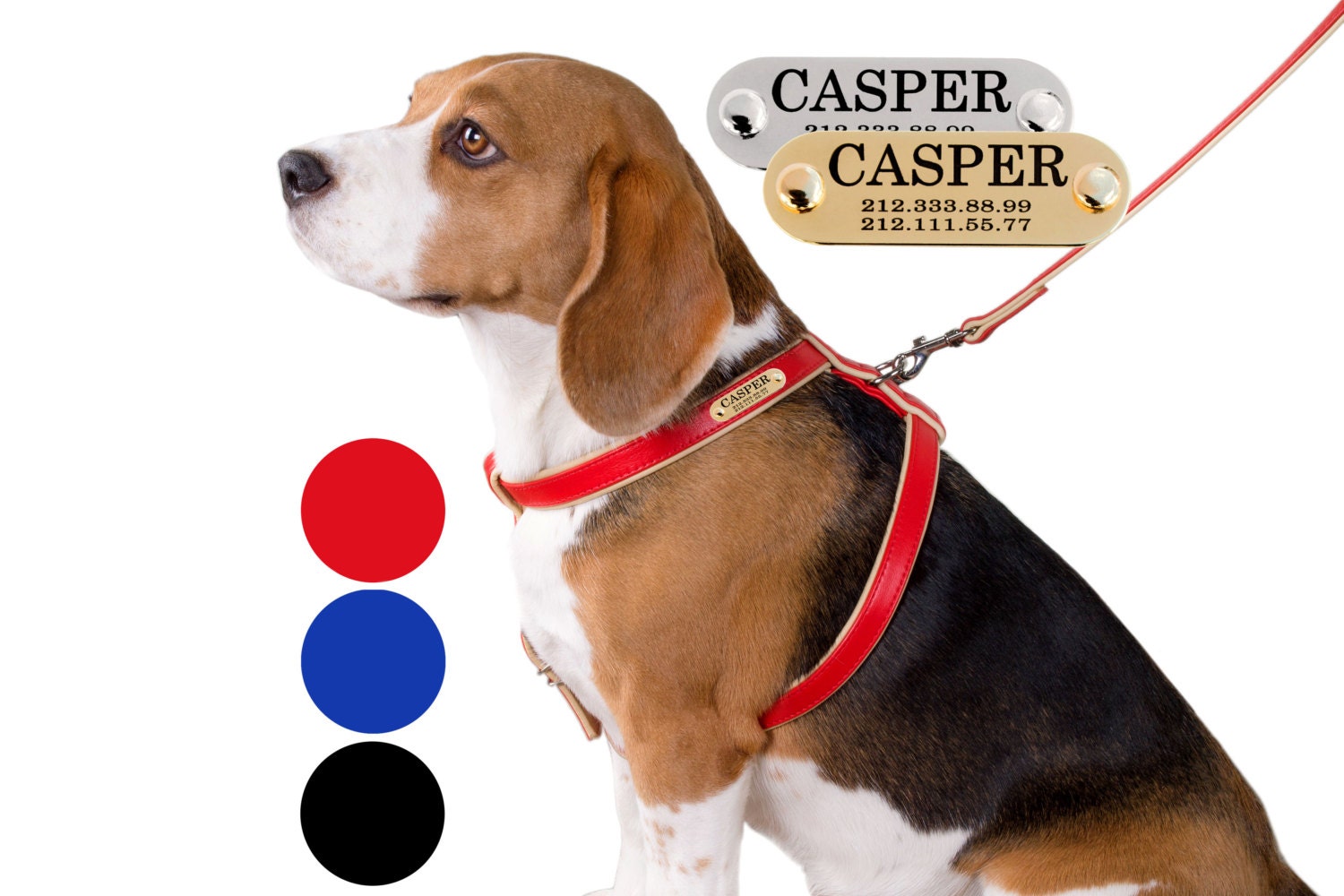 Soft Leather Dog Harness PERSONALIZED Nameplate ID TAG Black