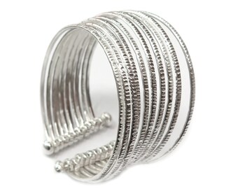 10 Handmade Hammered Sterling Silver bangles Cuff Bracelet,Ten stacking connected bangles,Boho Gypsy stacking bracelets wide cuff,Adjustable