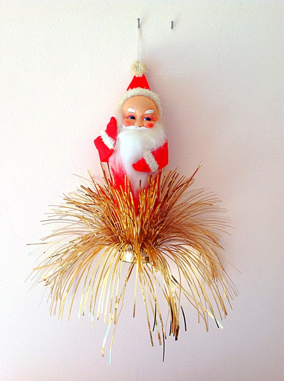 Vintage Christmas crazy tinsel Santa hanging ornament