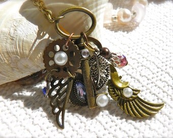 Jewelry Necklace. Bronze Skeleton Key Angel Wings Steampunk Pendant. Jewelry Cosplay Costumes Accessories. Teenage Girl Birthday Gift Ideas