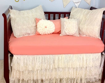 Baby Bedding Crib Bedding - Shabby Chic, Vintage, Lace Baby Bedding, Elegant, Classic, Salmon and Ivory, Many Colors