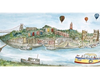 Bristol Docks- Clifton Suspension Bridge, Ferry, Balloons, Cathedral. Original watercolour painting- limited edition Giclee print