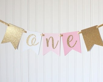 Gold & Pink ONE High Chair Banner Happy Birthday Banner/Pink Ombre Girl Birthday/ Princess Party/ Child Birthday/ Party Decor /1st birthday
