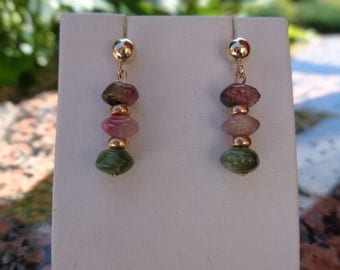 585 gold filled with tourmaline, gold earrings,