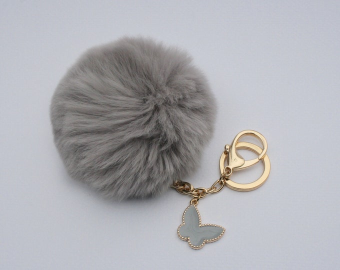 Butterfly Collection Light Grey fur pom pom keychain REX Rabbit fur pom pom ball with butterfly charm