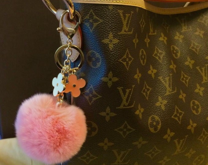 True Pink pom pom keychain REX Rabbit fur pom pom ball with flower bag charm