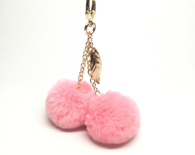 SUMMER SALE New! Pink CHERRY pom pom keychain rex rabbit fur pompon unique bag charm fur ball keyring