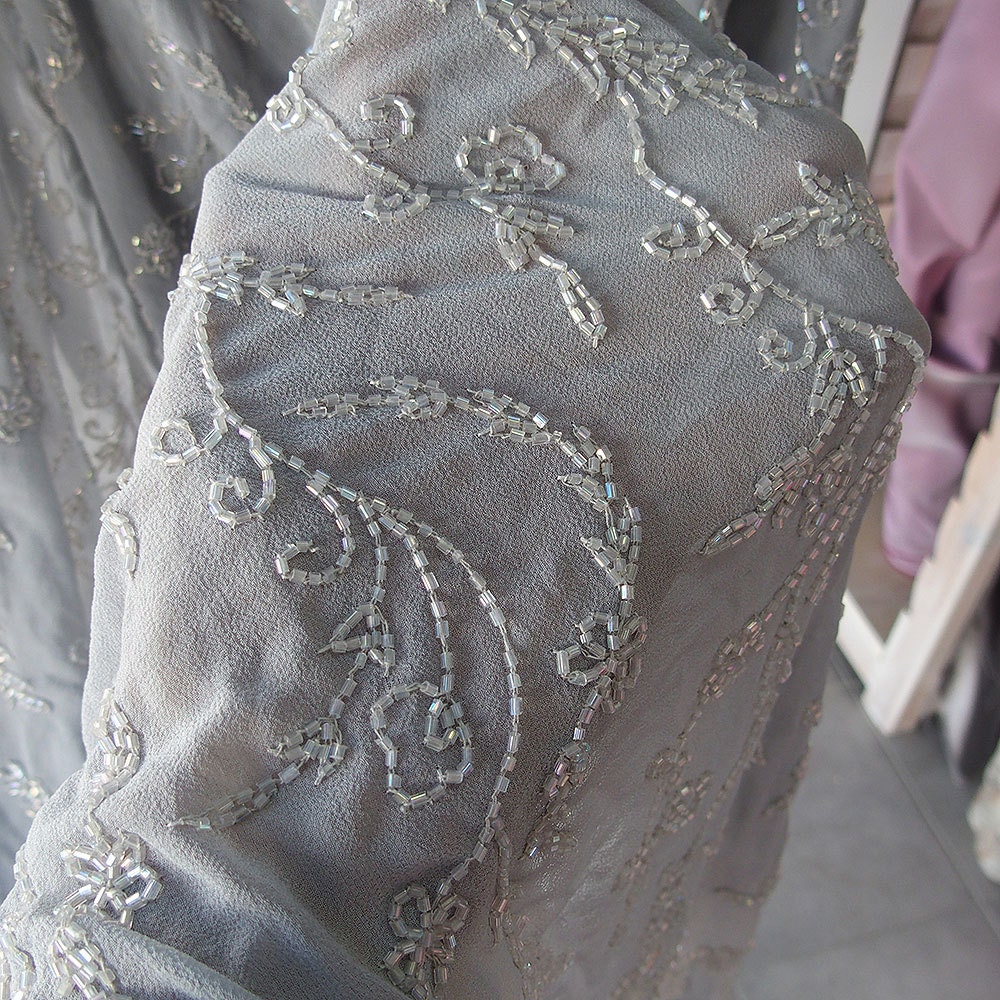 Silver grey silk crepe georgette chiffon floral embroidered fabric ...