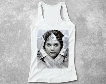 Wonder Woman Tank Top Fitted Racerback pop culture icon Fitted Tank racerback women Old TV Screen Effect screenprint workout Running Tank