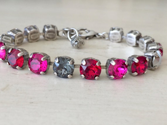 Camellias n Chrome Pink & Gray Crystal Bracelet
