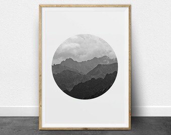 Black and White Photography, Printable Art, Mountain Range, Ombre Effect, Circle Print, Minimalist Art, Printable Wall Decor, Shades of Gray