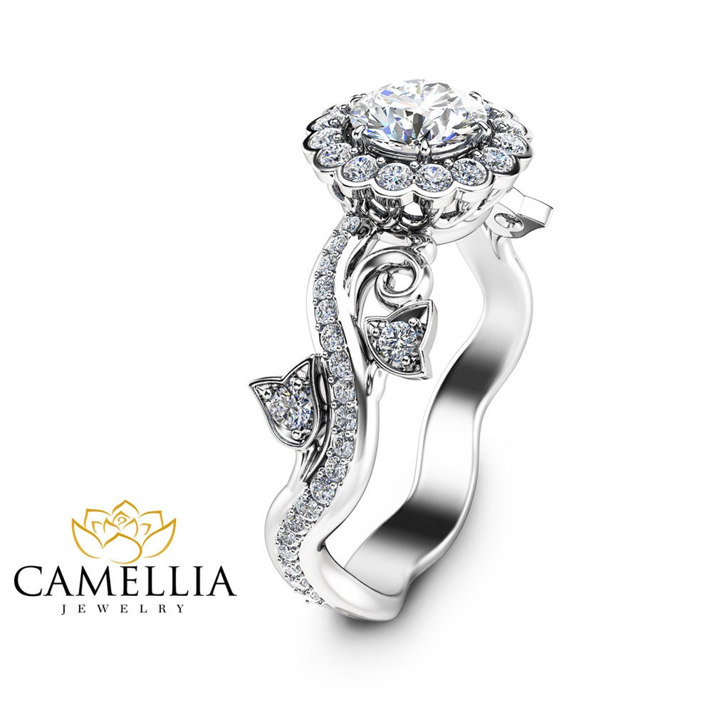 Halo Engagement Ring 14K White Gold Half Carat Natural Diamond