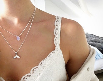 Mermaid Necklace - opalite Moonstone necklace and Mermaid tail silver tone layered necklace by Serenity Project.