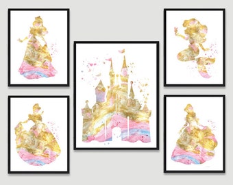 Set of 5 disney watercolor print Disney princess Disney castle Cinderella Ariel Belle Aurora Disney Wedding Gift Gold print Gold painting