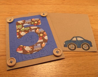 Boys Birthday Card, Birthday Number 5, Planes, Trains, Rockets, Embossed, Buttons, Baker's twine, Handmade,
